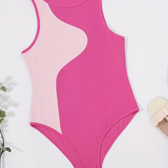 Block Tank Bodysuit Casual Crew Neck One Piece Bodysuit Women's Clothing