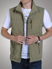 Men's Zipper Pockets Cargo Vest Stand Collar Zip Up Outwear for Spring Summer