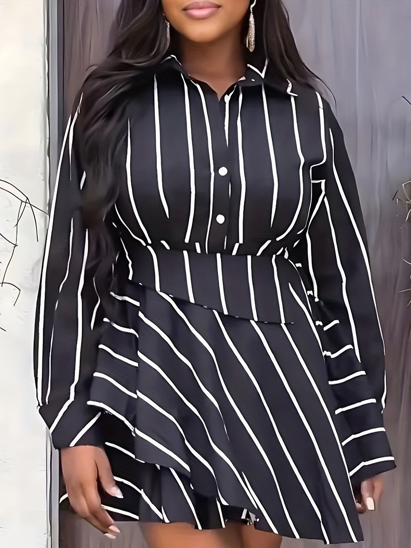 Stripe Print Long Sleeve Button Up Peplum Shirt Top