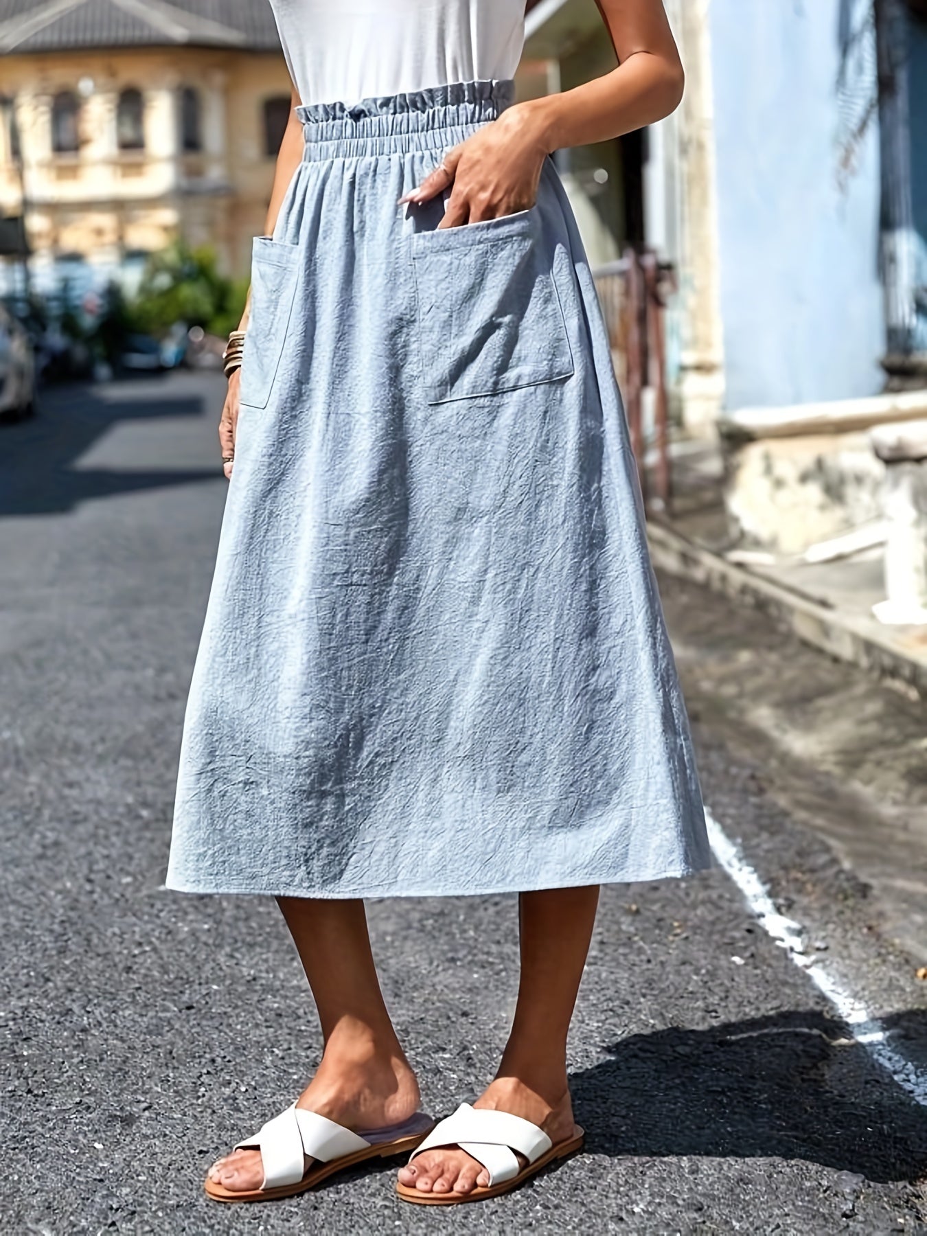 Casual Elastic Waist Midi Skirt with Pockets