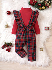 Baby Girls Knitted Top & Bow Ruffle Plaid Suspender Trousers Set
