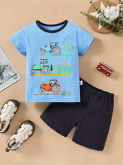 2pcs Boys Tractor Graphic Cotton T Shirt & Shorts Set For Summer