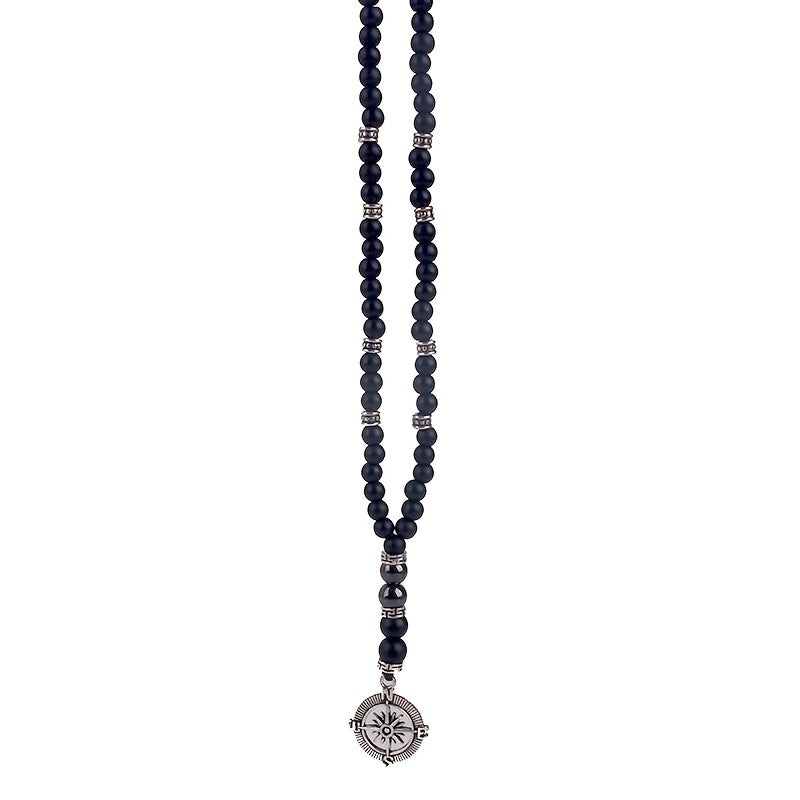 Vintage Natural Stone Beaded Necklace with Compass Pendant for Men