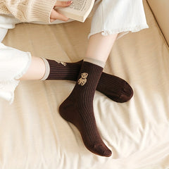 6 Pairs Cartoon Bear Print Socks Cute & Comfy Women's Mid Tube Stockings