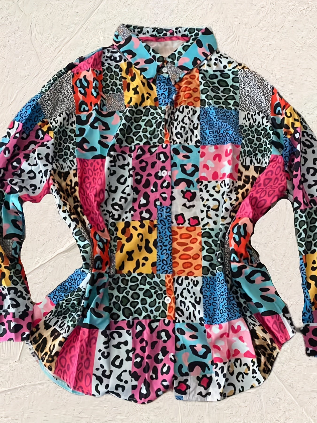 Colorblock Leopard Print Button Up Shirt