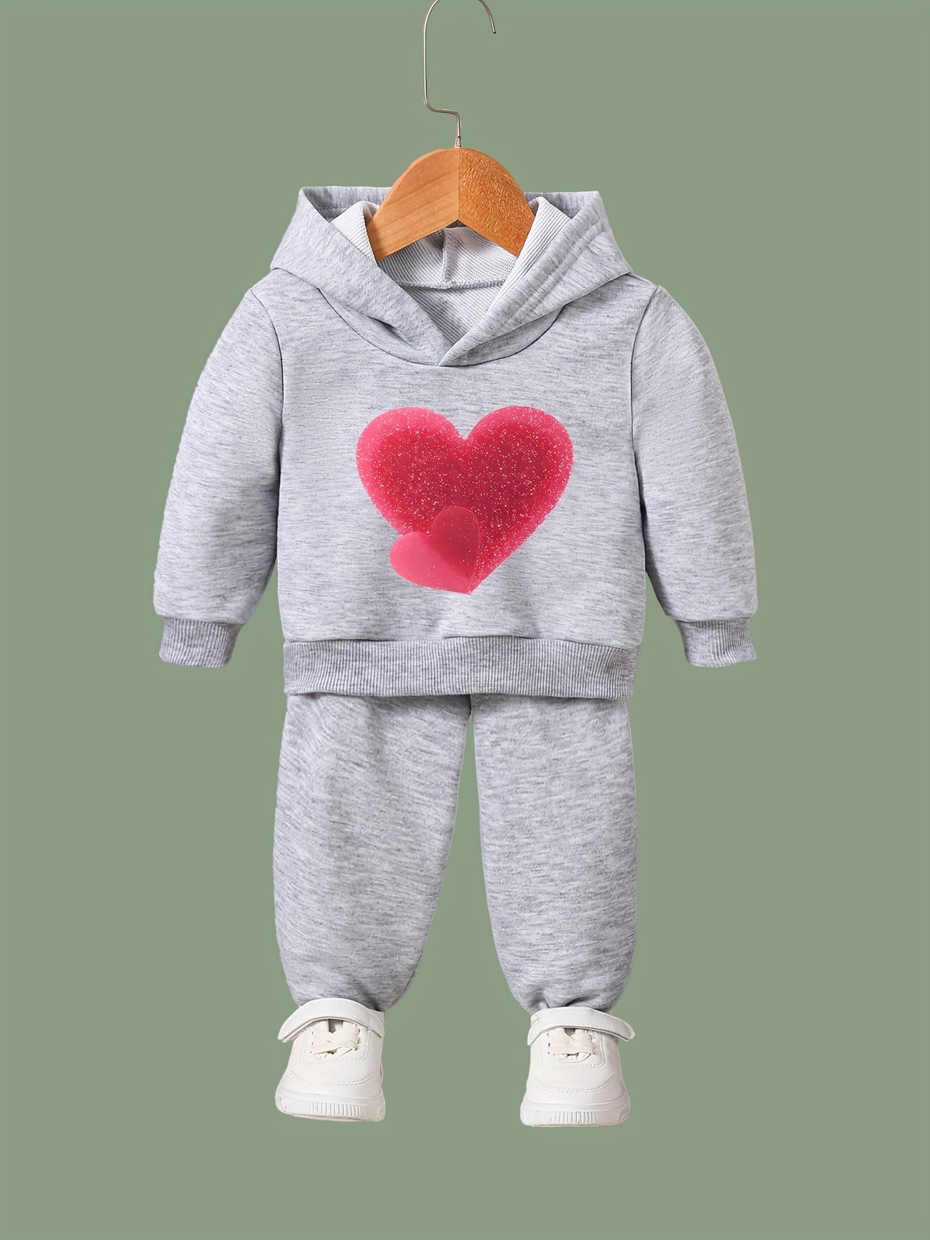 Girls 2pcs Heart Pattern Hooded Sweatshirt and Sweatpants Set