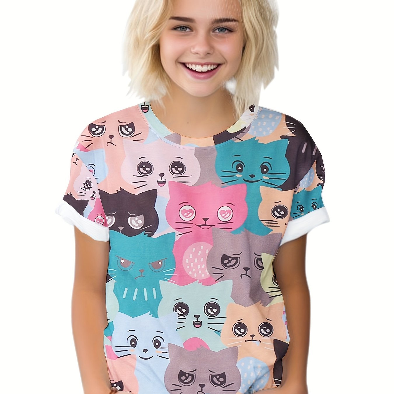 Adorable Kitten Graphic Short Sleeve T-shirt for Girls and Boys