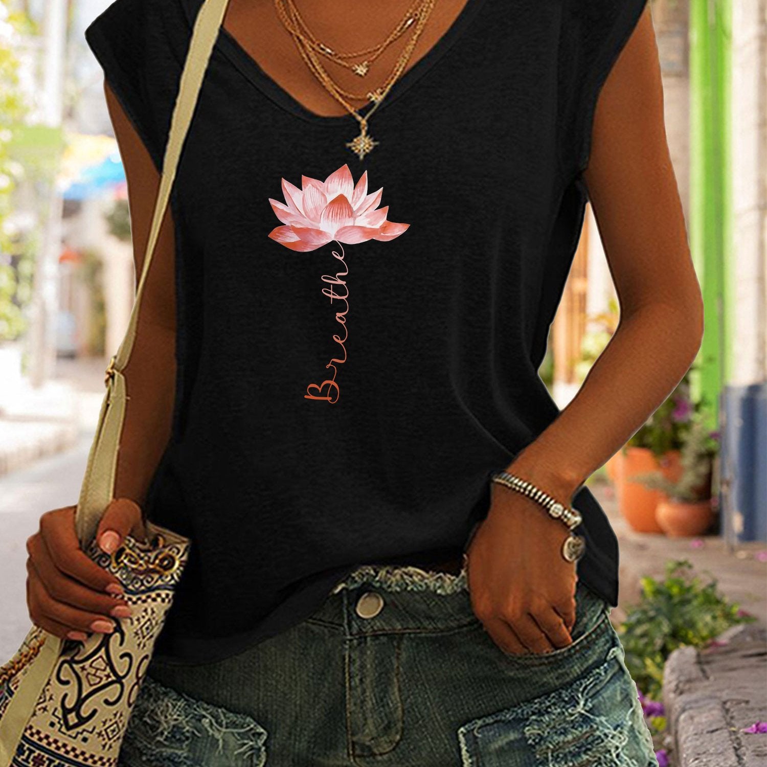 Breathe Print Tank Top Sleeveless Casual Top For Summer & Spring