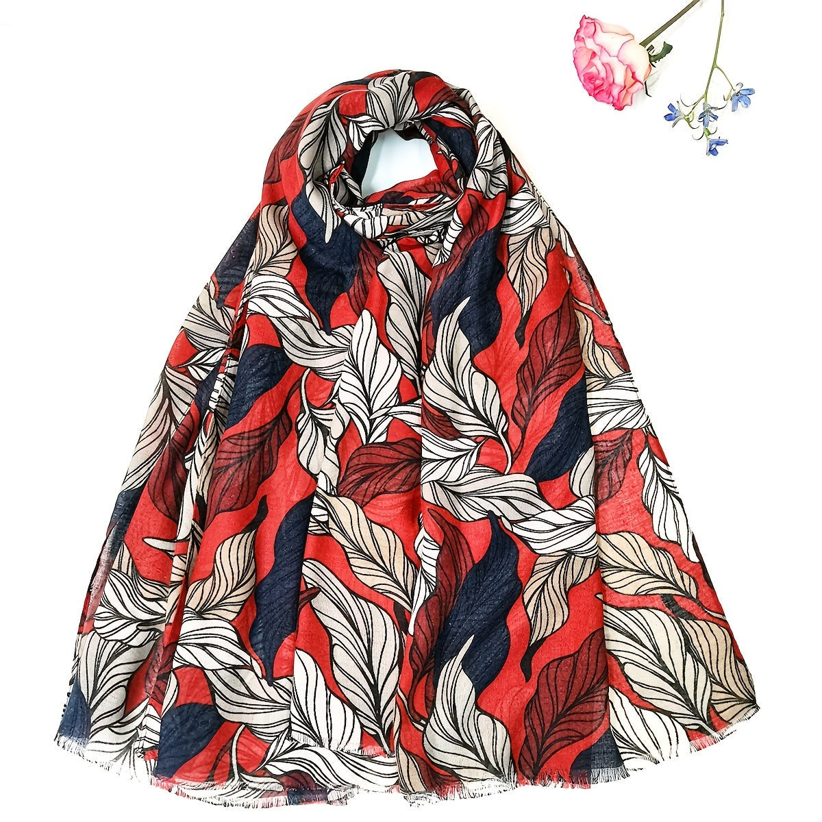Vintage Red Leaves Print Scarf Classic Shawl Frayed Edge