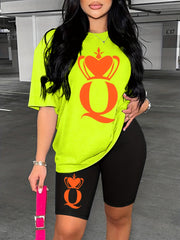 Crowned Q Print Matching Set Casual Short Sleeve T shirt & Biker Shorts