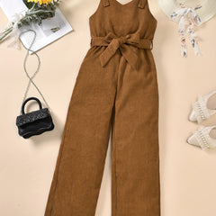 Kids Girls Suspender Overalls Casual Khaki Pants With Bow Belt