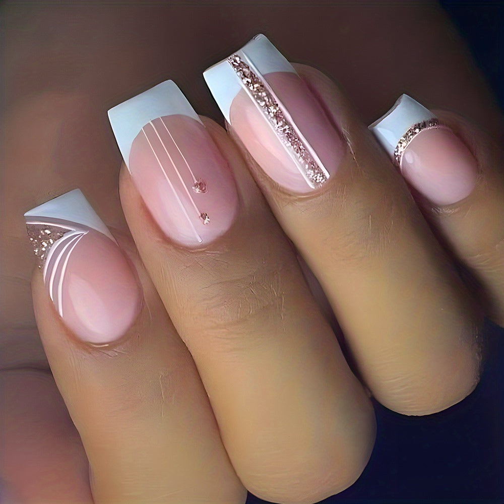 24pcs Glitter French Tip Press On Nails Short Square Acrylic Nails
