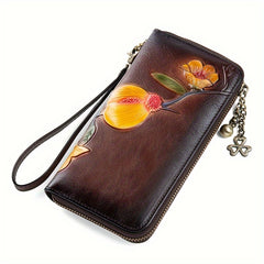 Vintage Floral Leather Long Wallet with Wristlet