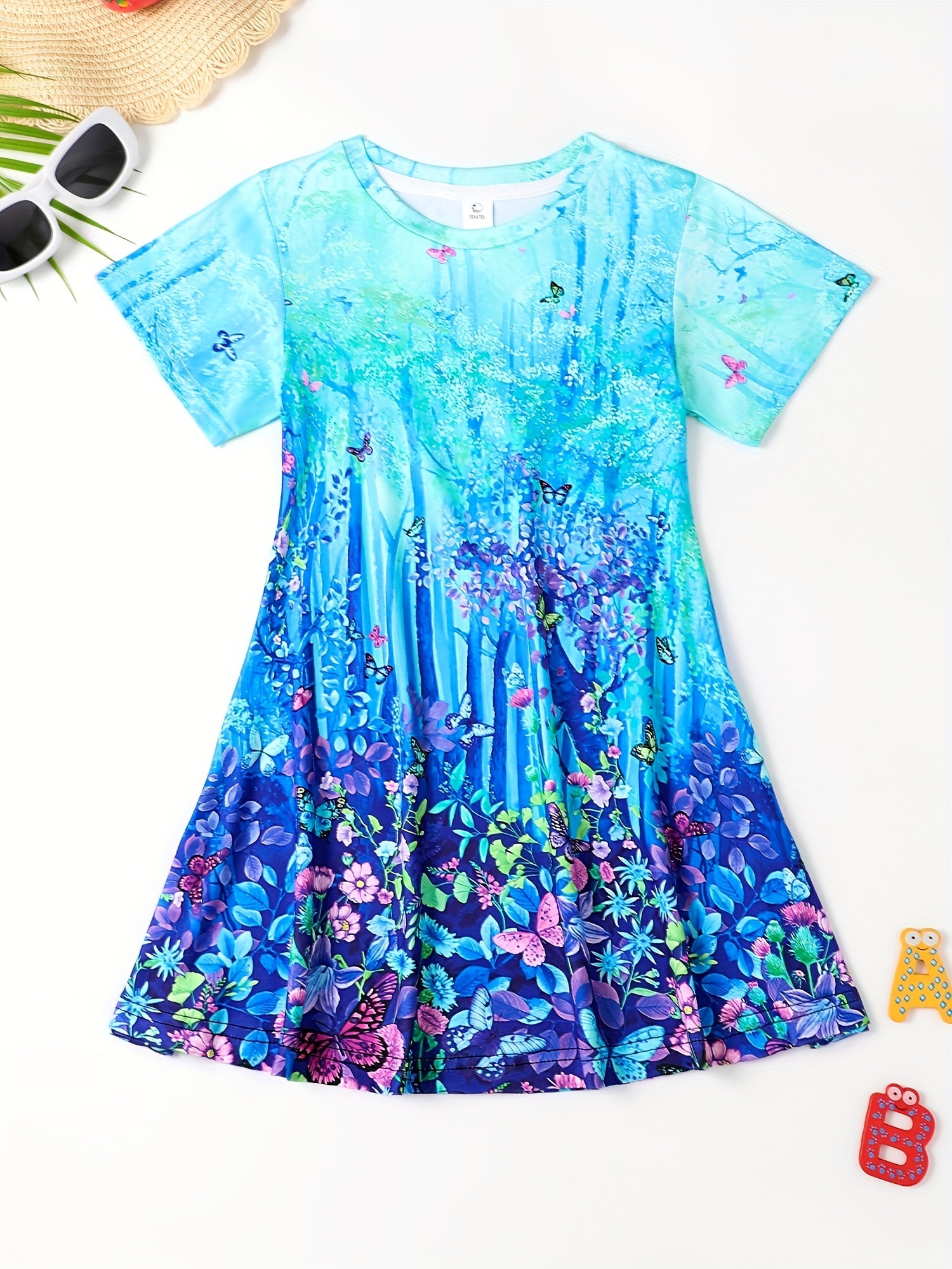 3D Print Magic Forest Graphic Flower Short Sleeve Dress Girls