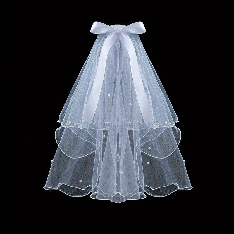 2 Tiers Faux Pearl Ribbon Bow Veil With Comb Wedding Headdress