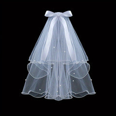 2 Tiers Faux Pearl Ribbon Bow Veil With Comb Wedding Headdress