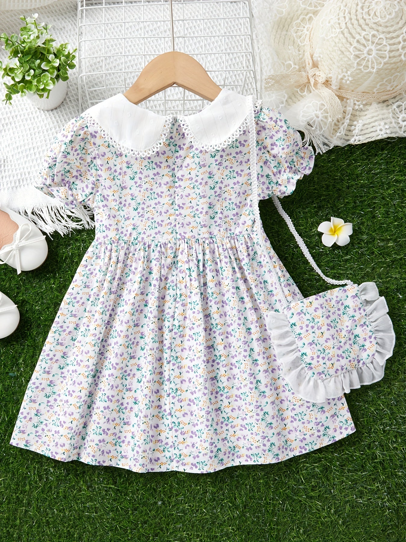 Toddler Girls Casual Short Sleeve Lapel Floral Dress & Matching Bag