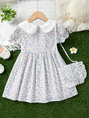 Toddler Girls Casual Short Sleeve Lapel Floral Dress & Matching Bag