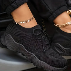 Women's Knit Sports Shoes Solid Lace Up Low Top Running Shoes