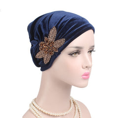 Beaded Flower Turban Cap Hat Accessories Turban Hat Velvet Pleated Hood Beanie