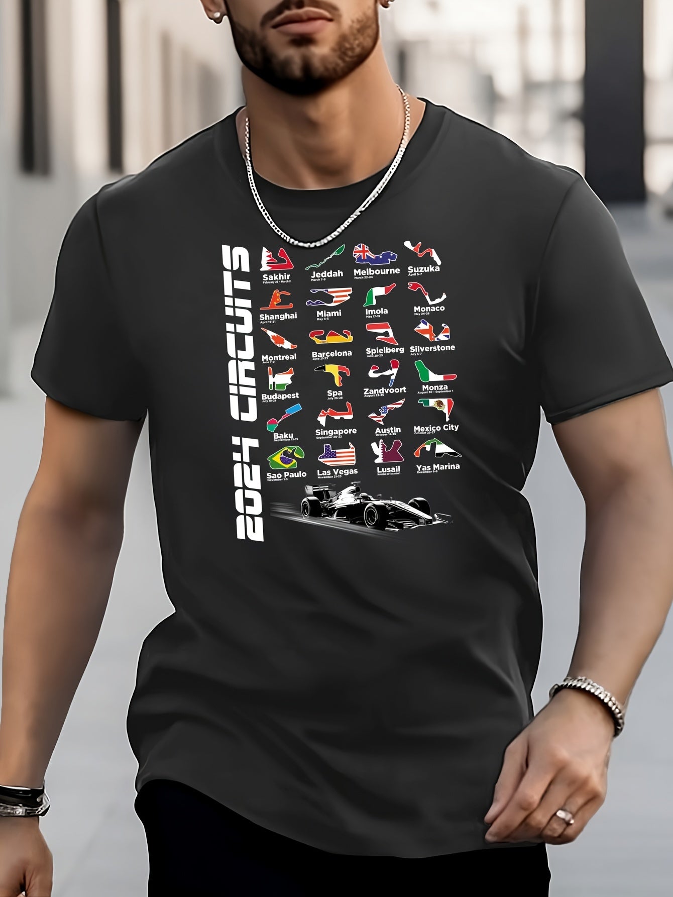 Racing Car Flag Print Men's Street Style T-shirt for Summer