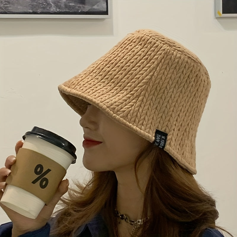 Classic Solid Bucket Hat Label Patch Ribbed Warm Basin Hat Fisherman Cap