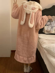 Bunny Fuzzy Night Robe Long Sleeve Ruffle Robe With Pockets