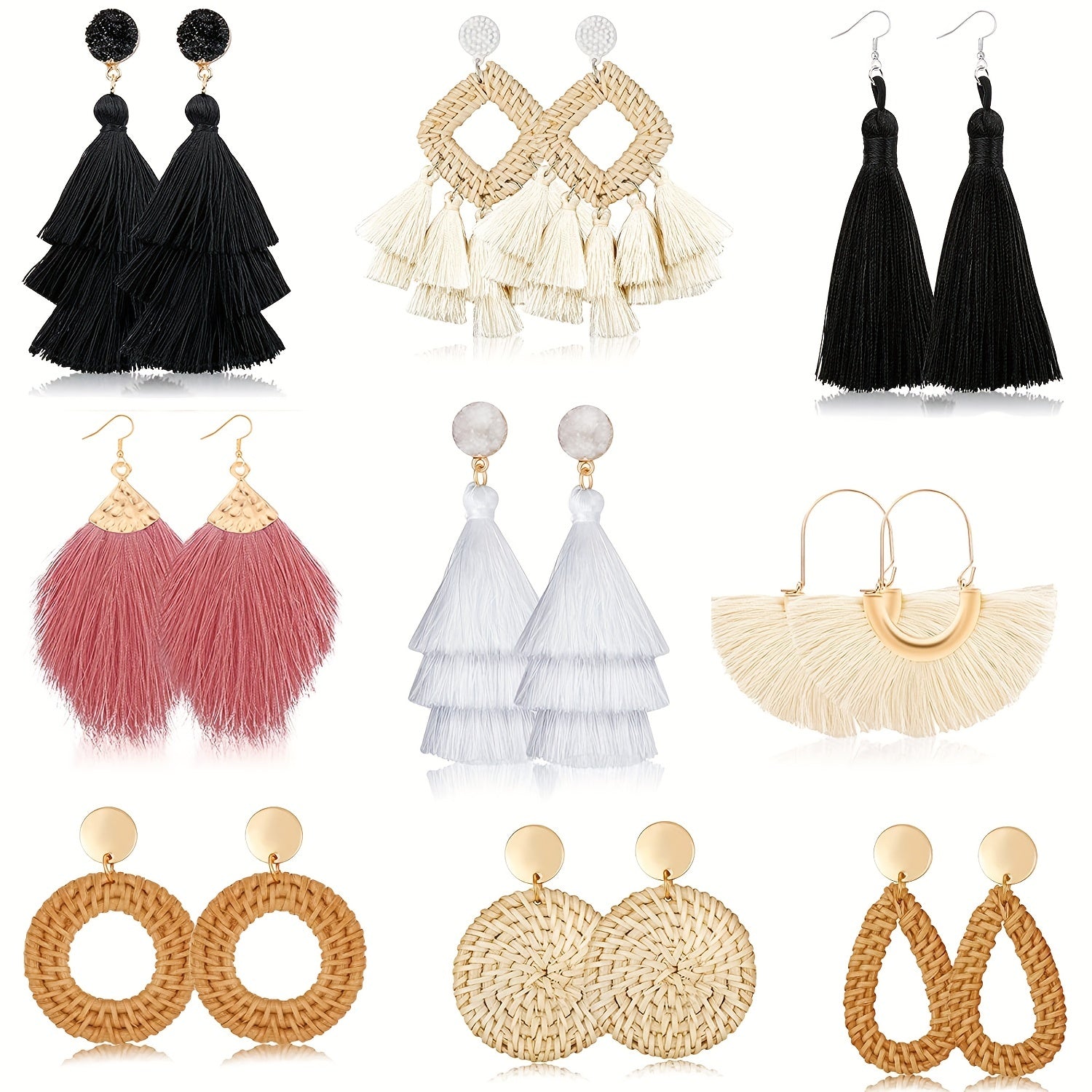 Rattan Tassel Earrings Set Bohemian Style Dangle Stud Earrings