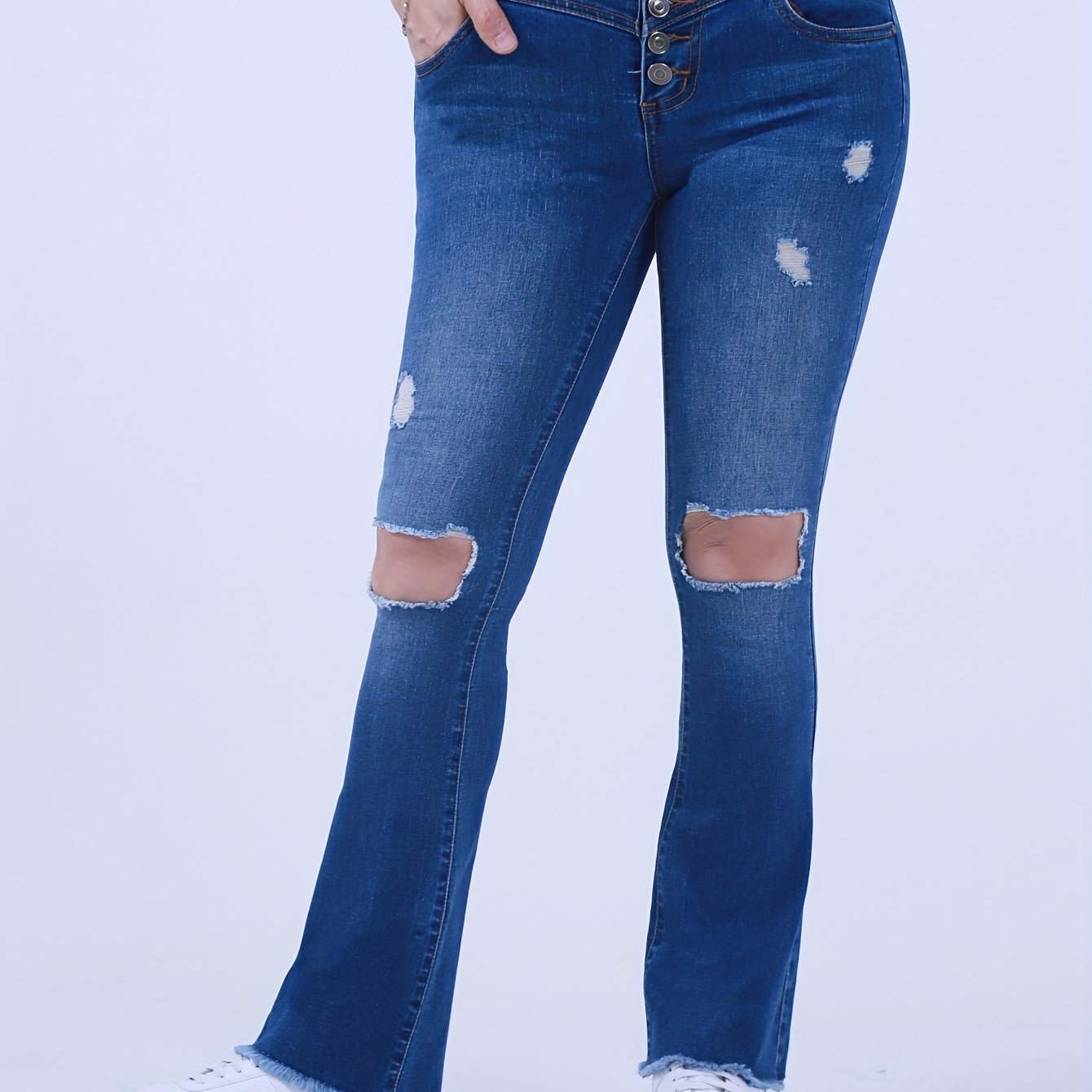 Ripped Button Fly Fringe Trim Jeans
