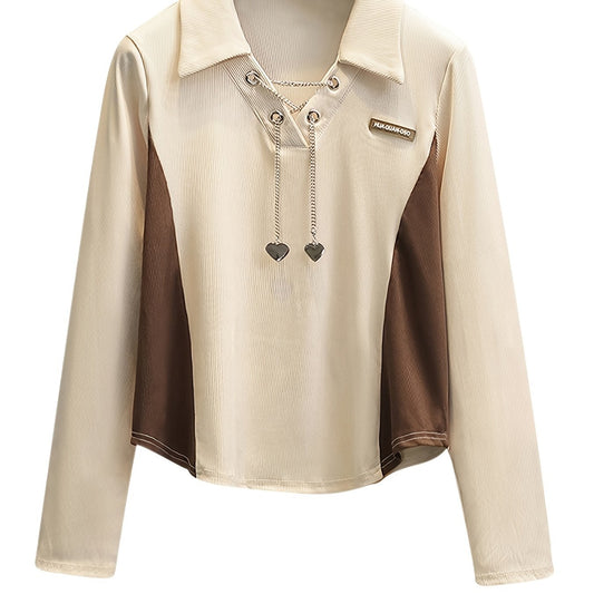 Colorblock Ribbed Metal Chain Heart Decor Long Sleeve Top