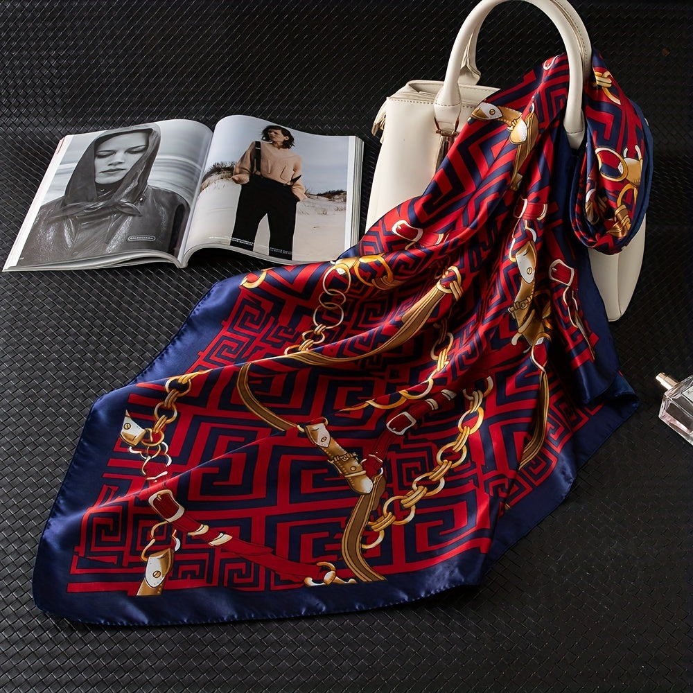 Red Geometric Print Square Scarf Vintage Chain Pattern Satin Shawl