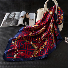Red Geometric Print Square Scarf Vintage Chain Pattern Satin Shawl