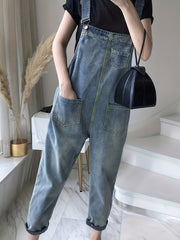 Loose Fit Denim Overalls Patch Pockets Non Stretch Adjustable Strap Versatile