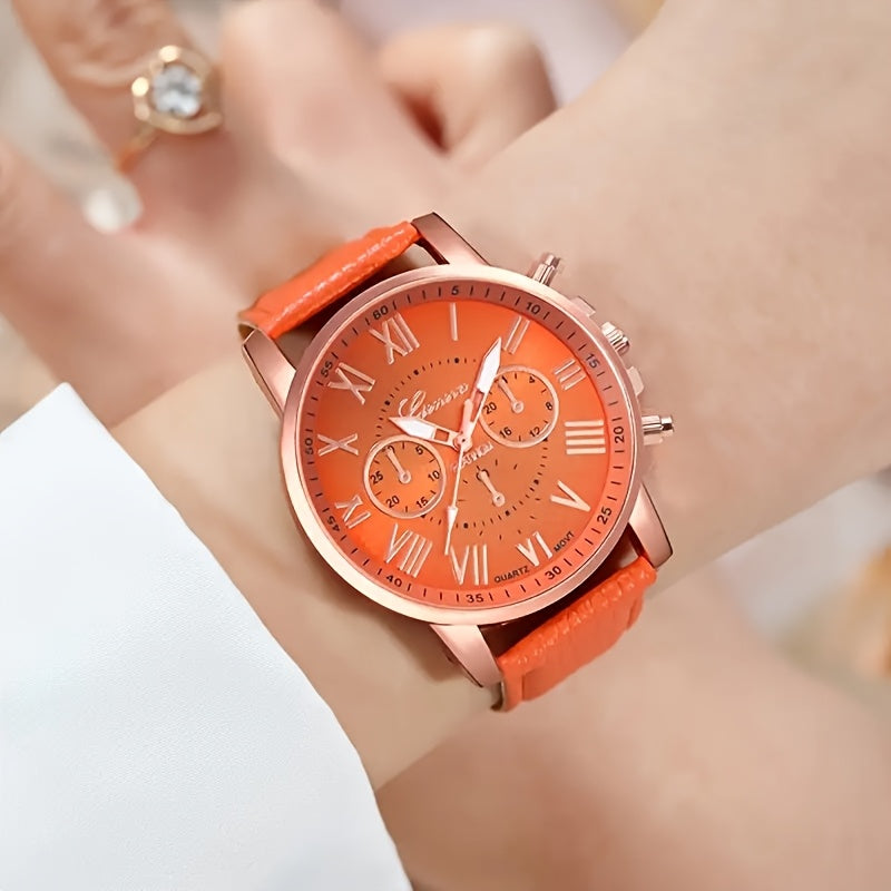 2pcs Quartz Watch Set Round Zinc Alloy Case PUPU PU Leather Strap No Required