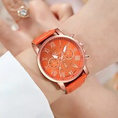 2pcs Quartz Watch Set Round Zinc Alloy Case PUPU PU Leather Strap No Required