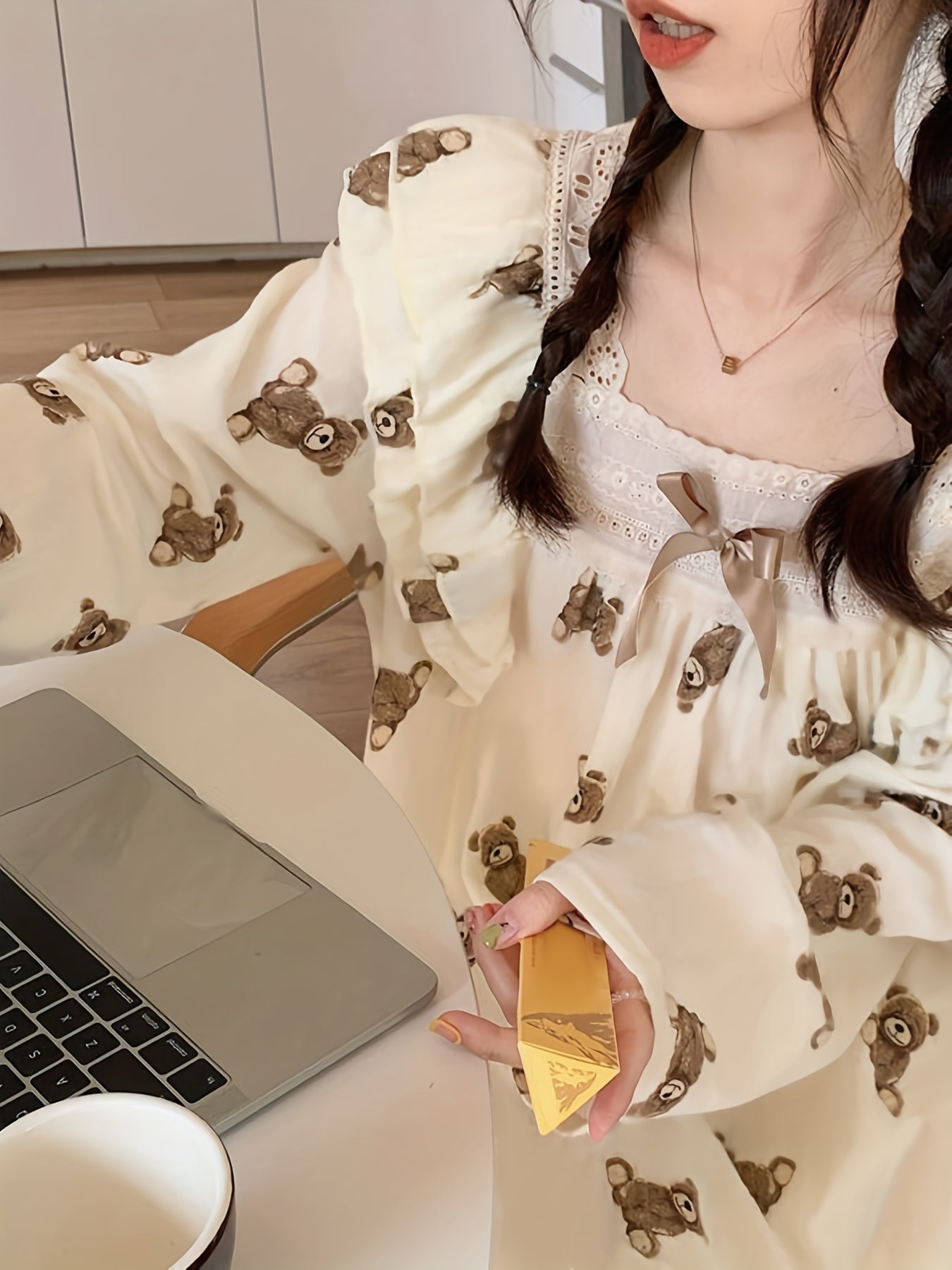 Teddy Bear Print Pajama Set Long Sleeve Square Neck Top & Lounge Pants