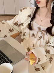 Teddy Bear Print Pajama Set Long Sleeve Square Neck Top & Lounge Pants