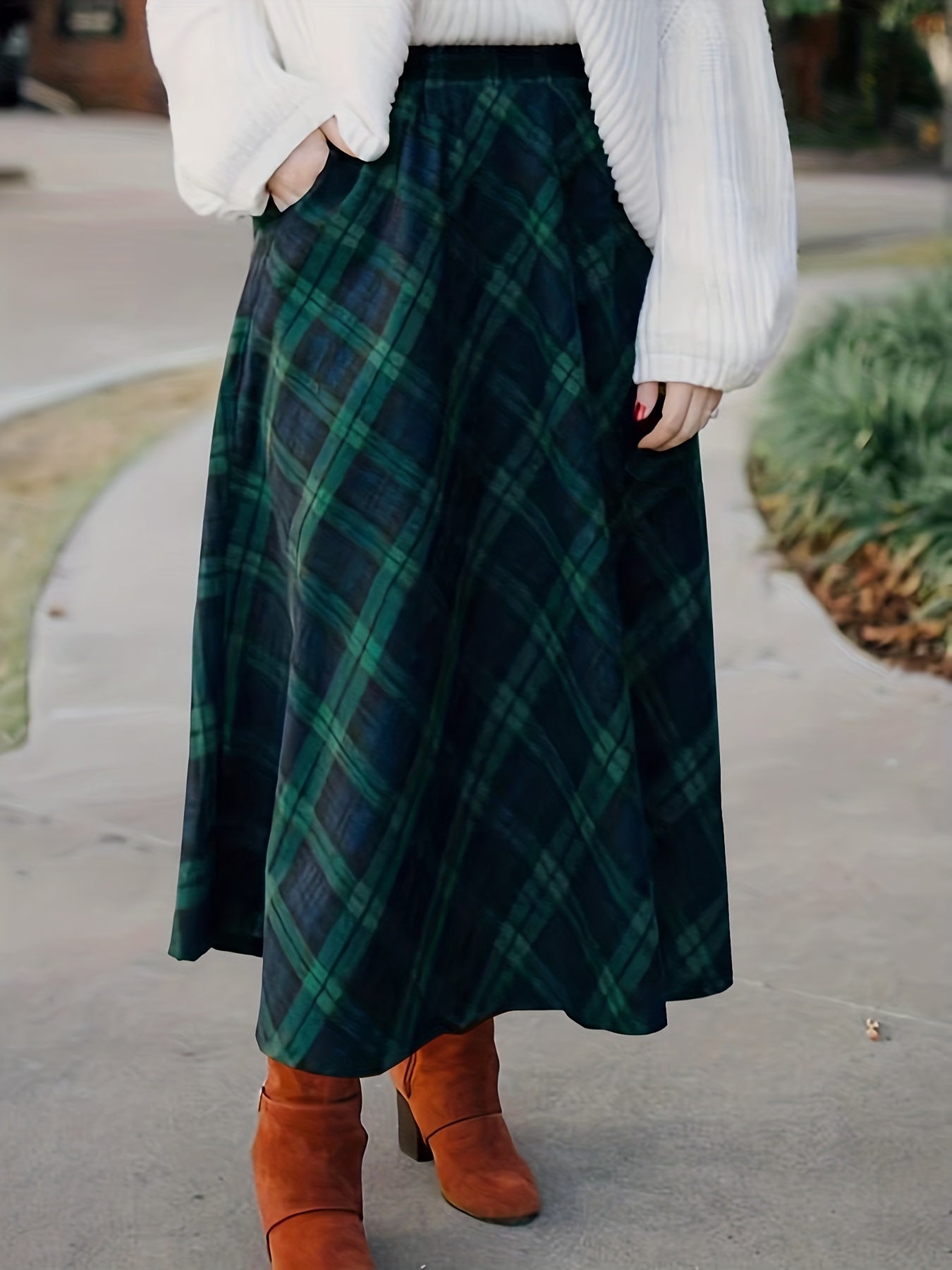 Plaid Print Maxi Skirt with Pockets