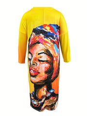 Painting Print Long Sleeve Maxi Dress With Pockets