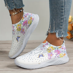 Women's Floral Butterfly Pattern Sneakers Low Top Slip On Knit Sock Shoes