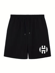 Men's H Print Workout Shorts Active Stretchable Sports Drawstring Shorts