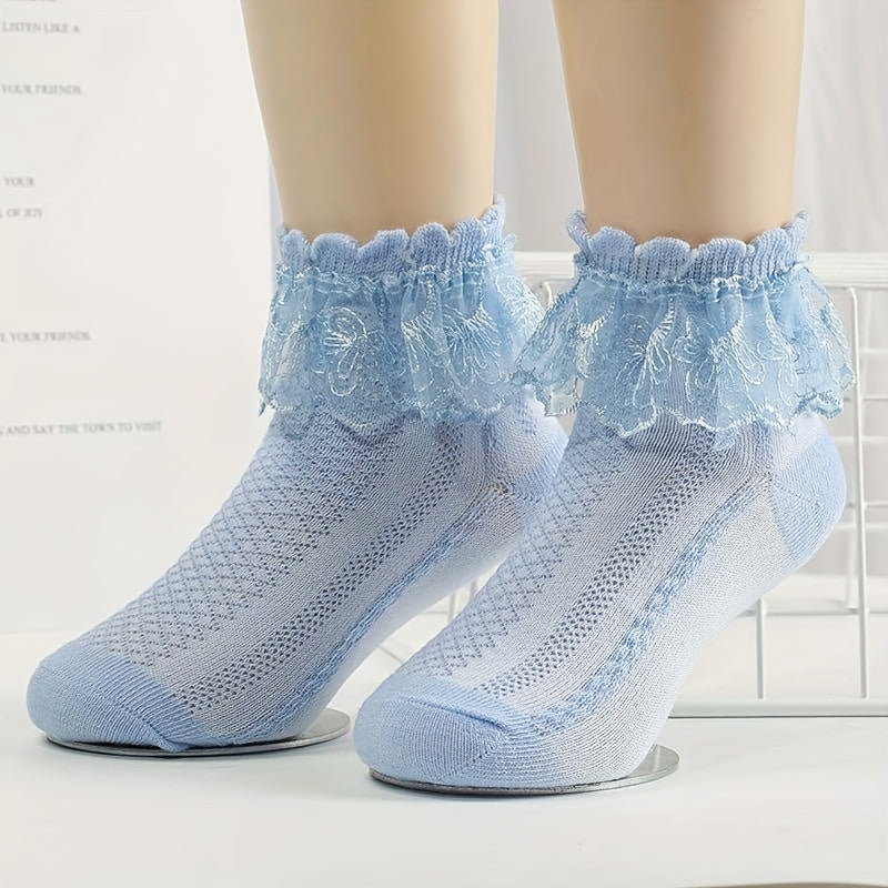4 Pairs Girls Breathable Cotton Lace Crew Socks for Spring Summer