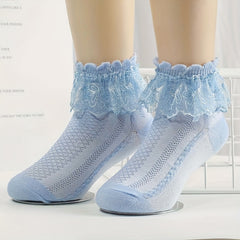 4 Pairs Girls Breathable Cotton Lace Crew Socks for Spring Summer