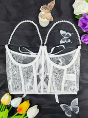 Lace Embroidery Pearl Chain Underbust Corset Top