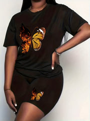Women's Plus Butterfly Print Top & Shorts Two Piece Set