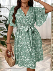 Ruffle Sleeve Surplice Neck Belted Knee Length Dress