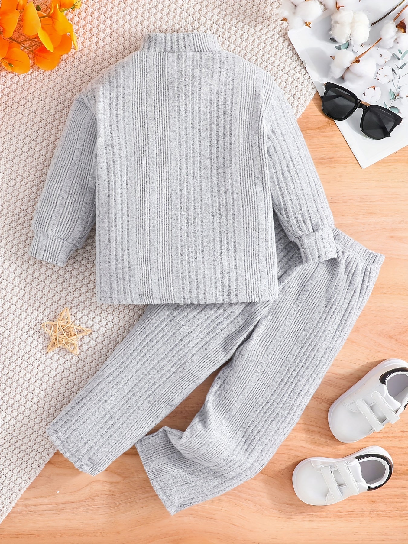Boy's Ribbed Long Sleeve Top & Pants Set Soft Casual Outfits
