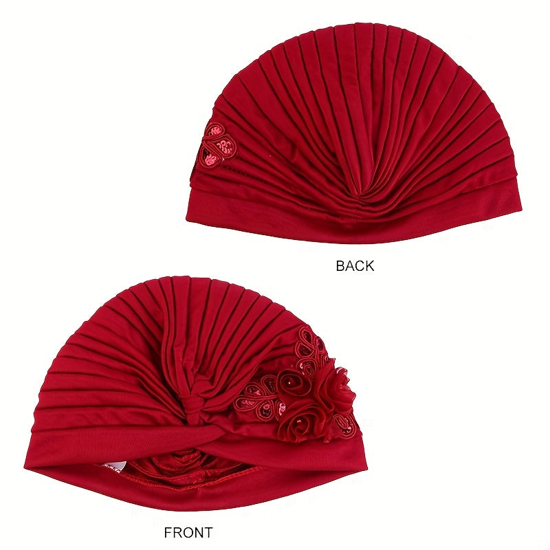 Sequin Flower Decor Turban Cap Pleated Bonnet Head Wrap