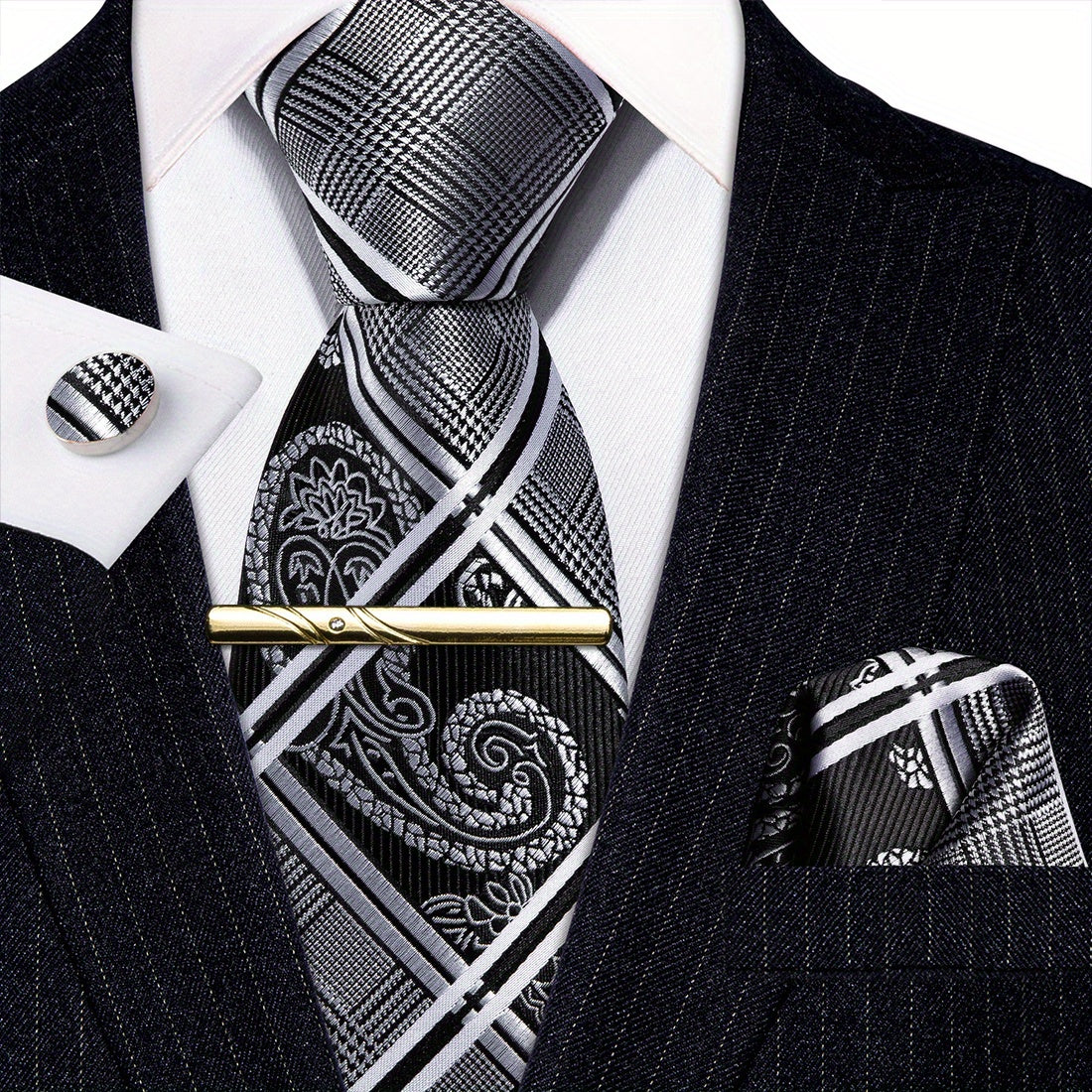 Barry Wang Black&White Floral Paisley Necktie Set