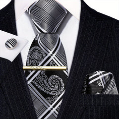 Barry Wang Black&White Floral Paisley Necktie Set